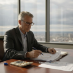 Investor checks charts in office with papers