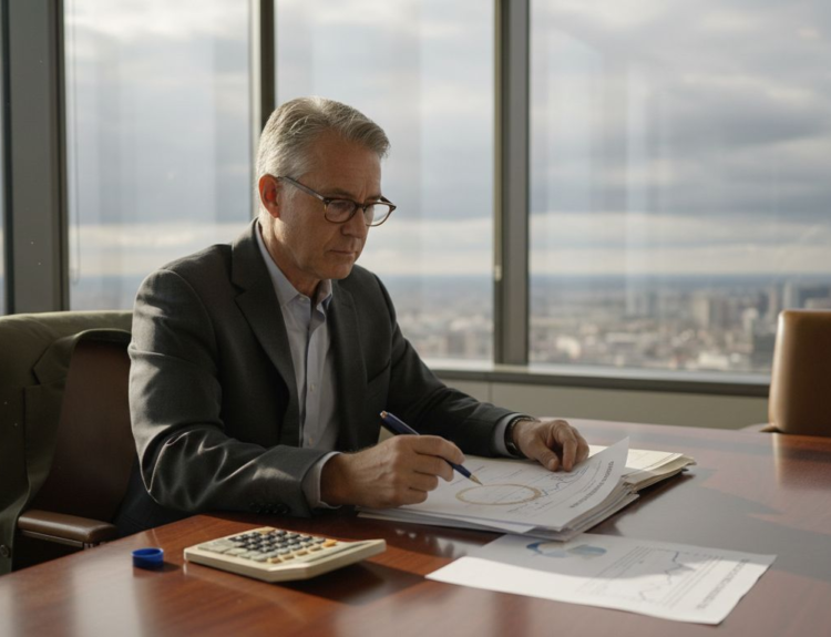 Investor checks charts in office with papers