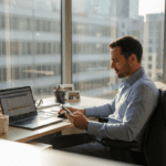 Finance professional balancing work and life in office