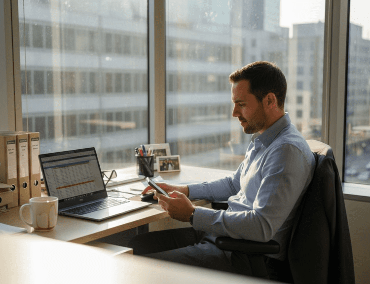 Finance professional balancing work and life in office