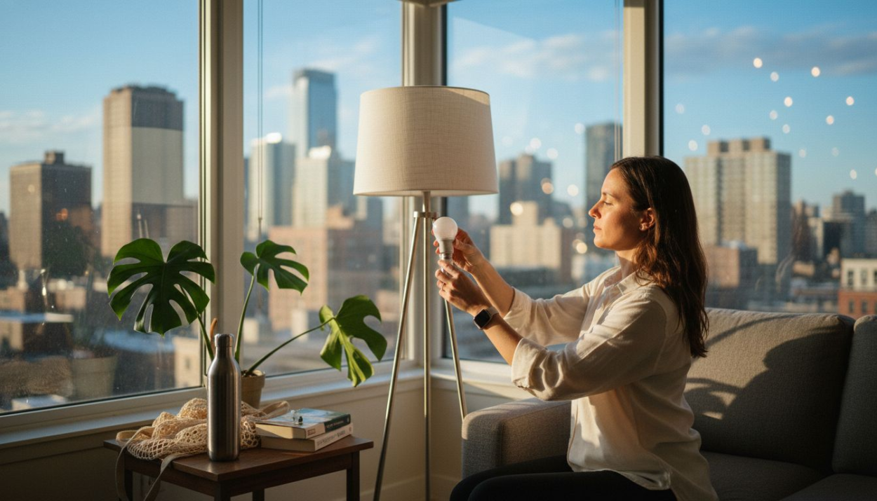 Urban professional changing LED bulb in city apartment