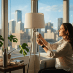 Urban professional changing LED bulb in city apartment