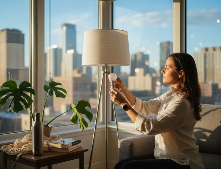 Urban professional changing LED bulb in city apartment