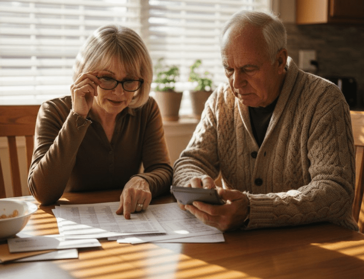 Retired couple reviewing financial papers