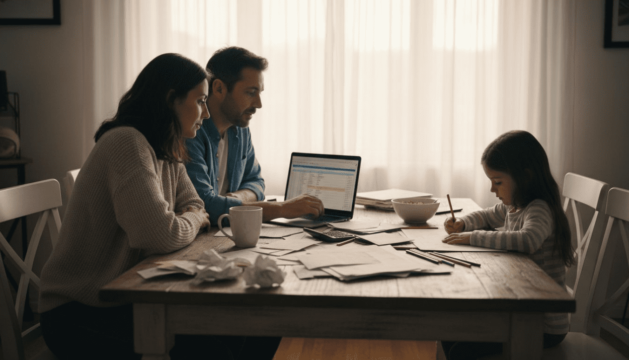 Family planning finances around a cluttered table