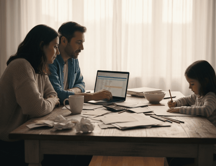 Family planning finances around a cluttered table