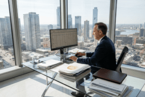 Investor reviewing taxes in a city office