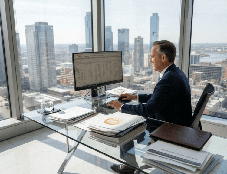 Investor reviewing taxes in a city office