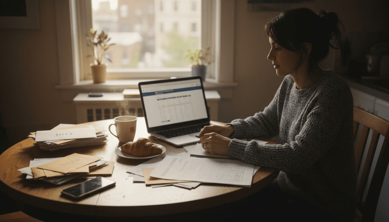 Woman reviewing budget at kitchen table