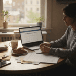 Woman reviewing budget at kitchen table