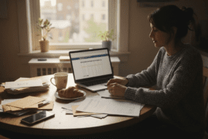 Woman reviewing budget at kitchen table