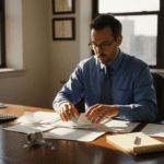 Man organizing tax documents in bright office