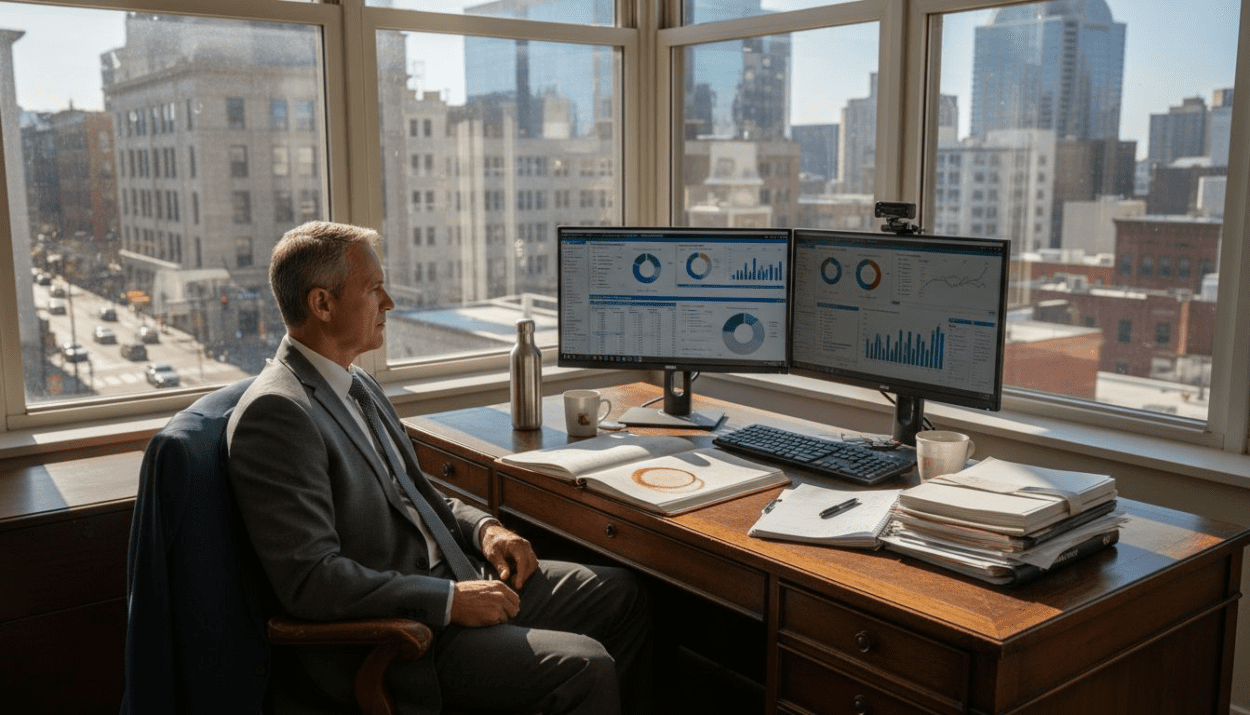 Advisor reviewing risks at city office desk