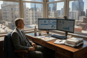 Advisor reviewing risks at city office desk