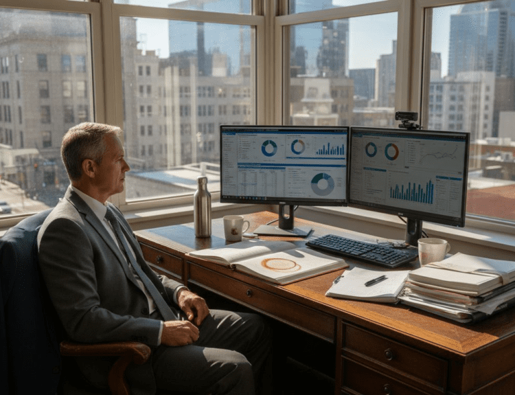 Advisor reviewing risks at city office desk