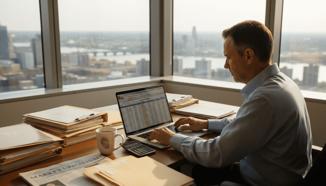 Advisor reviewing investment portfolio in office