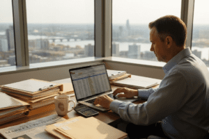 Advisor reviewing investment portfolio in office