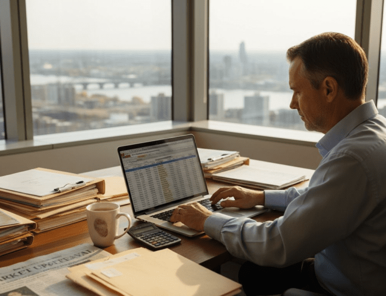 Advisor reviewing investment portfolio in office