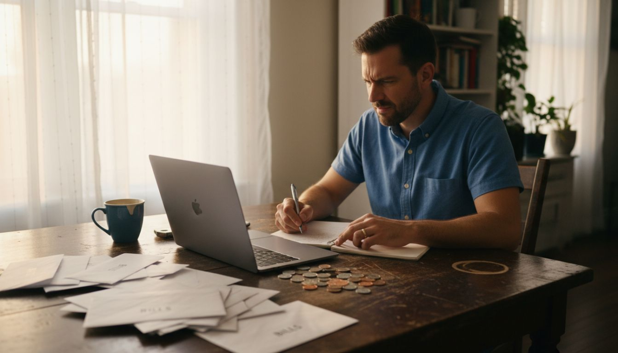 Man reviewing finances at kitchen table