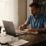 Man reviewing finances at kitchen table