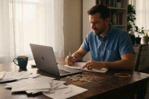 Man reviewing finances at kitchen table