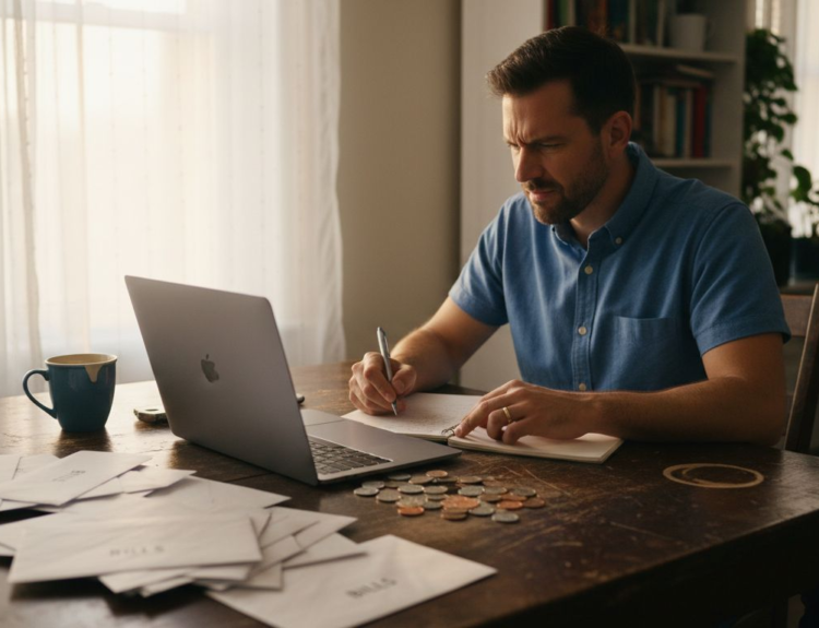 Man reviewing finances at kitchen table