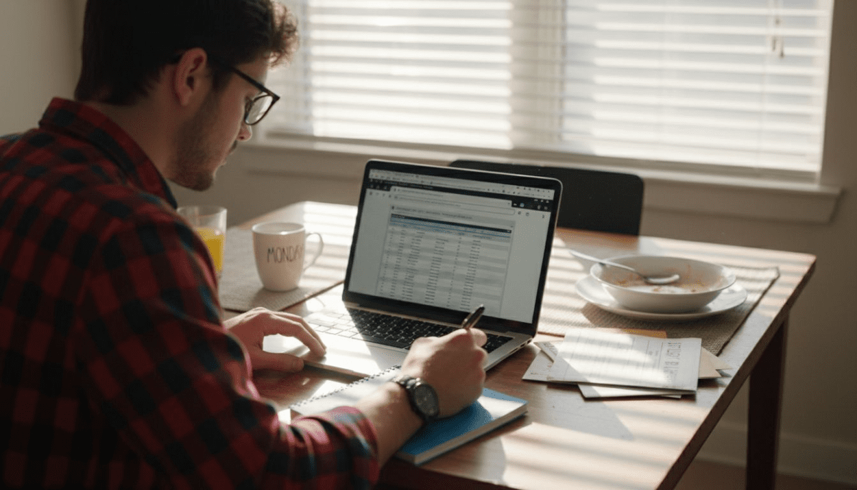 Young beginner reviewing ETF investments at table