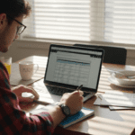 Young beginner reviewing ETF investments at table