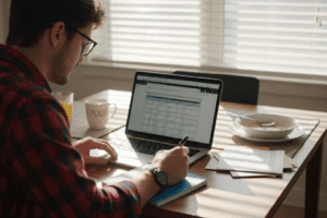 Young beginner reviewing ETF investments at table