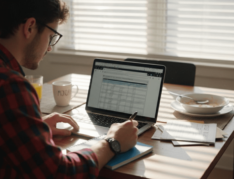 Young beginner reviewing ETF investments at table