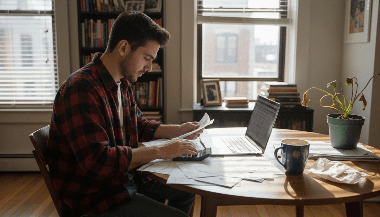 Young adult organizing personal finances at table