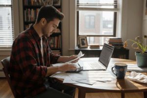 Young adult organizing personal finances at table