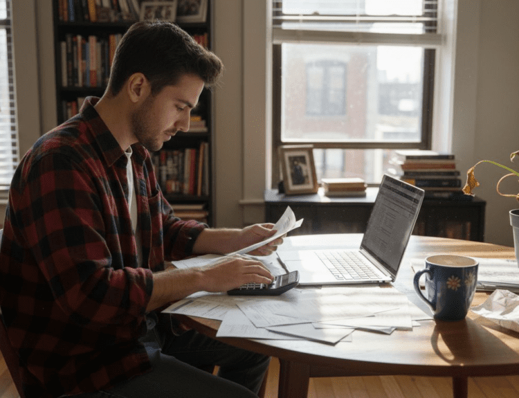 Young adult organizing personal finances at table