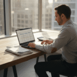Man budgeting finances at corner office desk