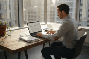 Man budgeting finances at corner office desk