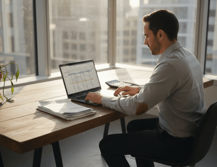 Man budgeting finances at corner office desk