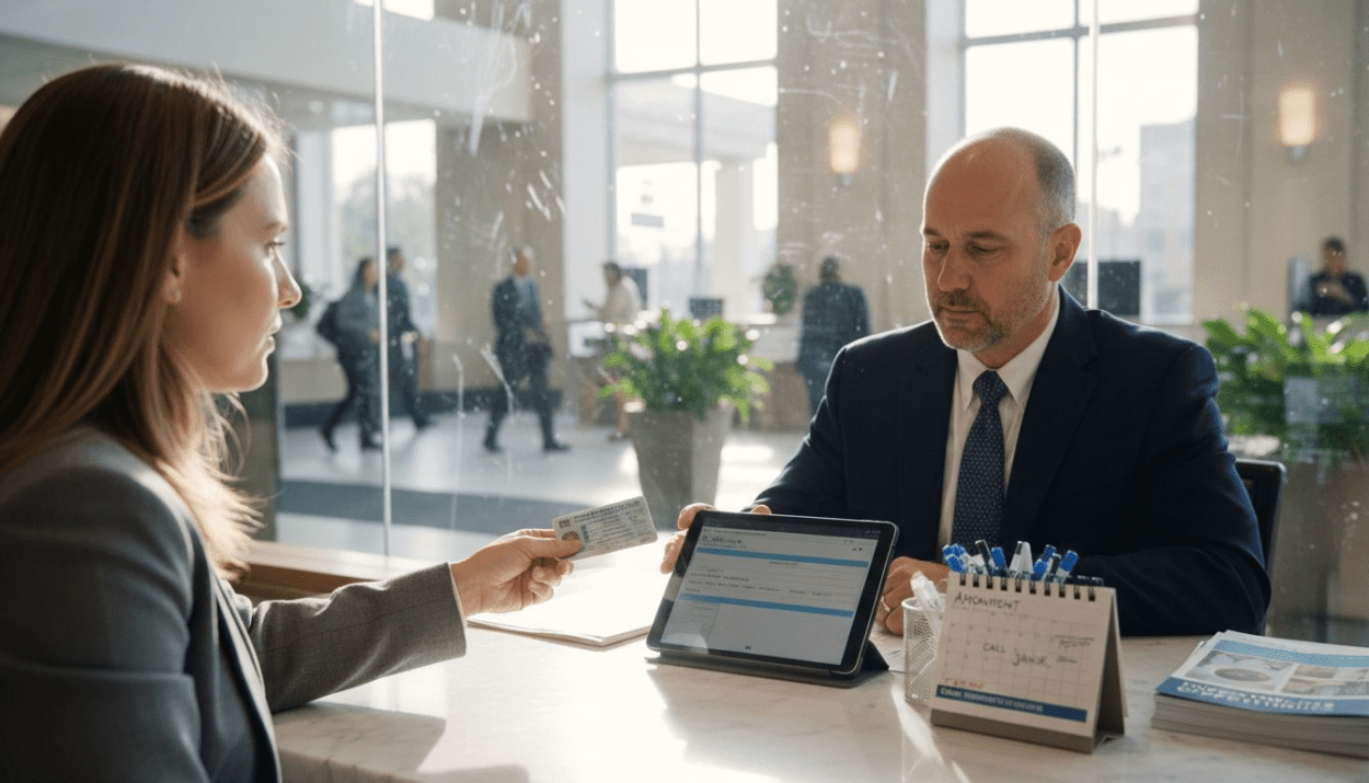 Bank customer opening savings account at desk
