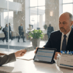 Bank customer opening savings account at desk