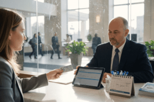 Bank customer opening savings account at desk