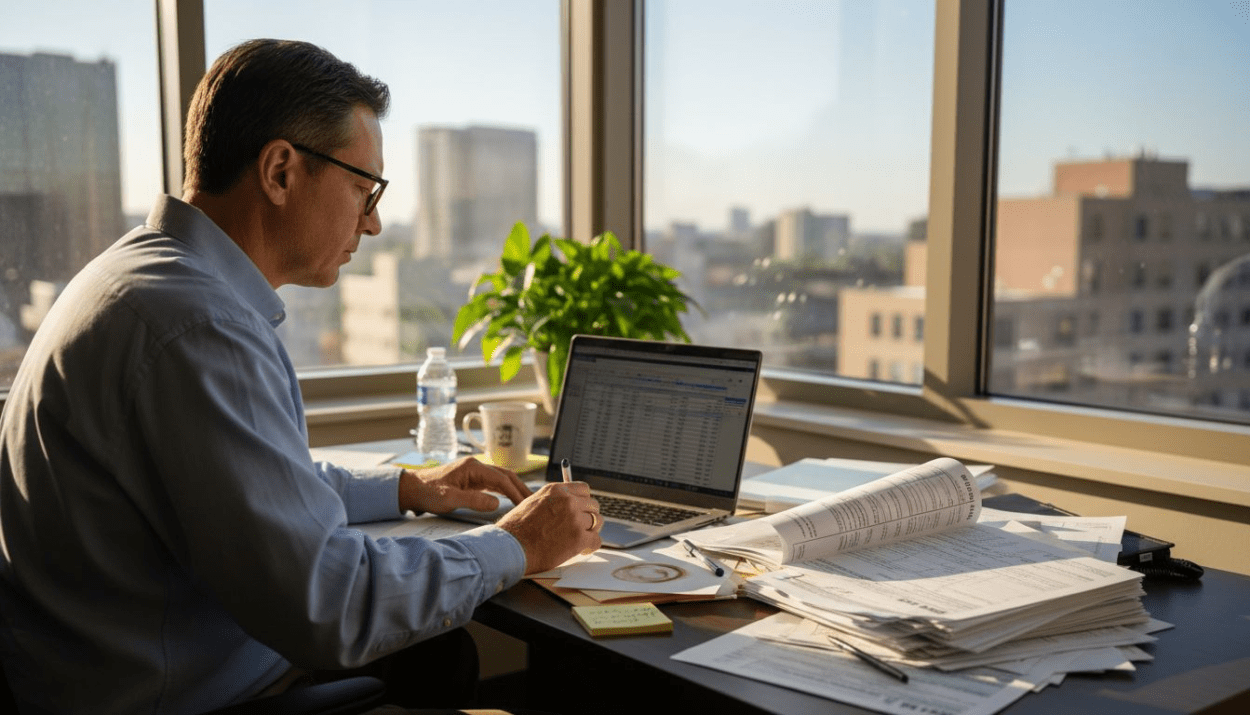 Man reviewing tax forms in office