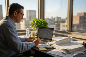 Man reviewing tax forms in office