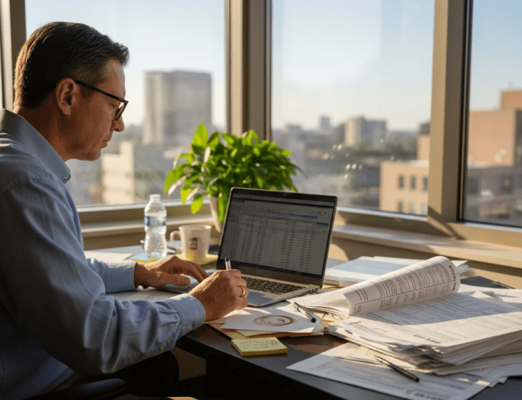 Man reviewing tax forms in office