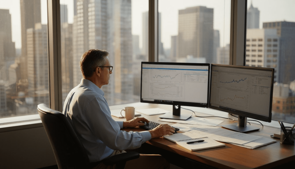 Analyst examining bond yields in office