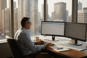 Analyst examining bond yields in office