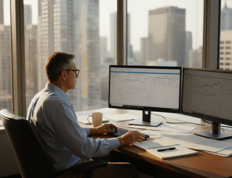 Analyst examining bond yields in office