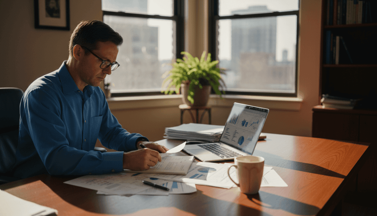 Professional man reviews paperwork at office desk