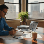 Professional man reviews paperwork at office desk