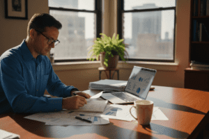 Professional man reviews paperwork at office desk
