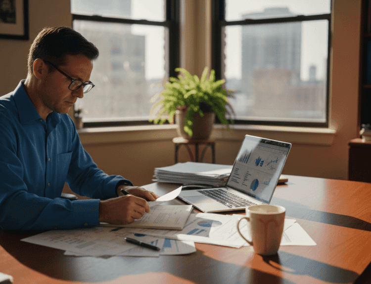 Professional man reviews paperwork at office desk