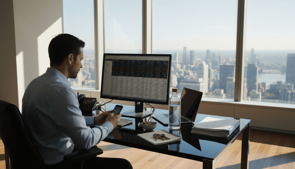 Man reviewing financial dashboard in city office